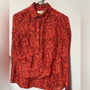 LOFT Printed Button-Front Blouse | Red Orange Abstract | Long Sleeve | XS